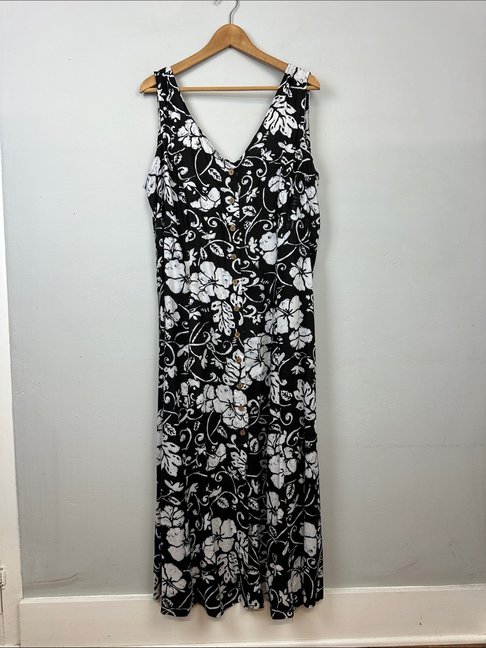 Speed Control NY Black & White Tropical Floral Print Button Front Maxi Dress 2X